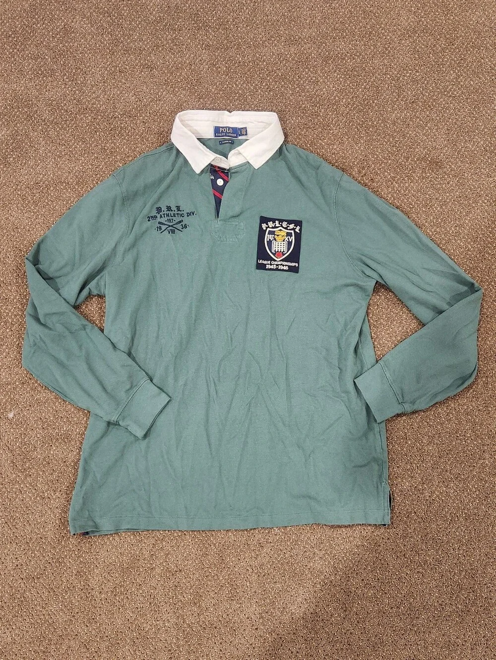 Ralph Lauren Green and White Rugby Shirt with Blue Label